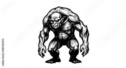 Black and white illustration of a muscular gorilla-like creature with exaggerated musculature and aggressive expression