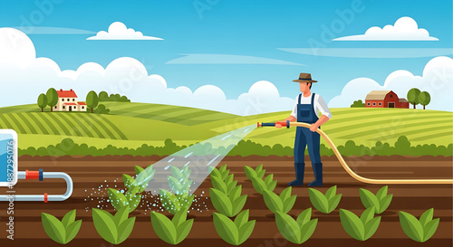Farmer watering crops with hose on a sunny day in a rural landscape, agricultural scene