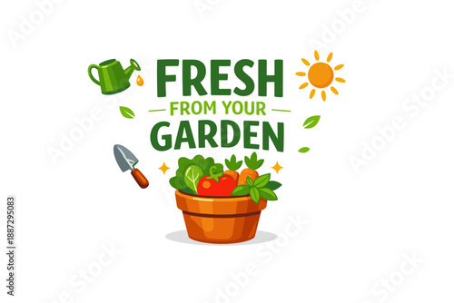 Fresh from your garden: vibrant vegetables, sun, and gardening tools design