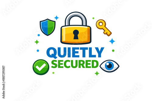 Secure lock icon with key and shield on white background illustration