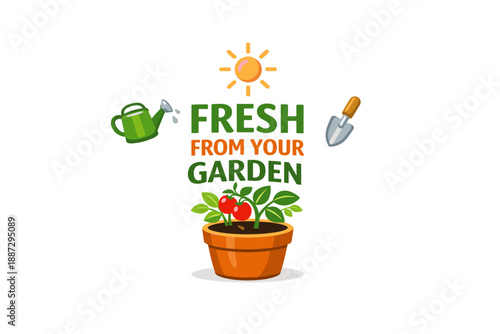 Fresh garden harvest: sun, watering can, trowel, potted plant with tomato