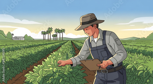 A farmer carefully examines crops in a sunny field, holding a clipboard to record observations