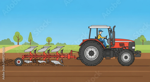 A farmer driving a red tractor plows a brown field under a blue sky with trees in the background