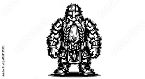 Black and white illustration of a medieval knight in full armor with a braided beard