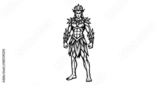 Muscular male figure in black and white armor illustration