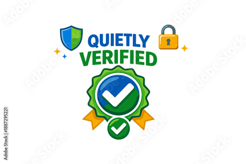 Quietly verified badge with shield and lock symbols on white background