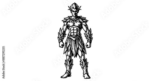 Muscular male warrior in leaf-like armor with helmet and clenched fists in a frontal pose