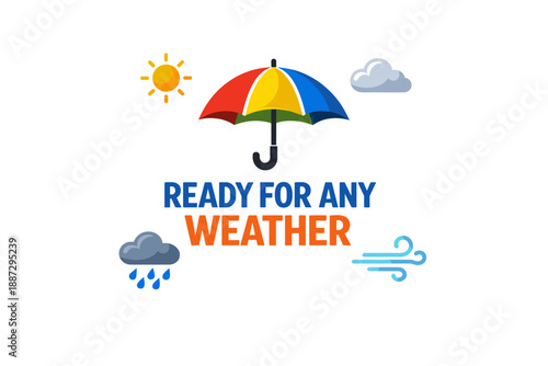 Colorful umbrella symbol with sun, clouds, raindrops, and wind icons