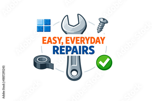 Essential tools for easy, everyday repairs: wrench, screw, tape, checkmark icons