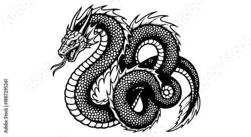 Black and white illustration of a detailed dragon with intricate scales and horns in a dynamic pose