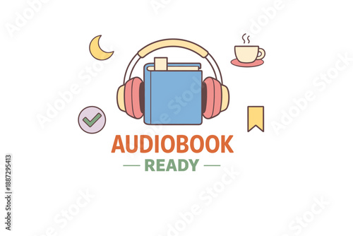 Audiobook concept with headphones and book, coffee cup and icons