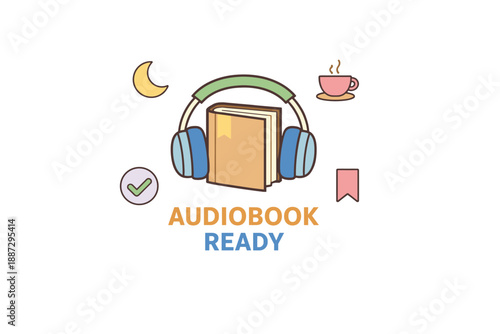 Cozy audiobook concept with headphones, book, moon, and coffee cup