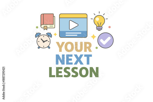 Your next lesson: educational concepts with book, light bulb, and check mark icons