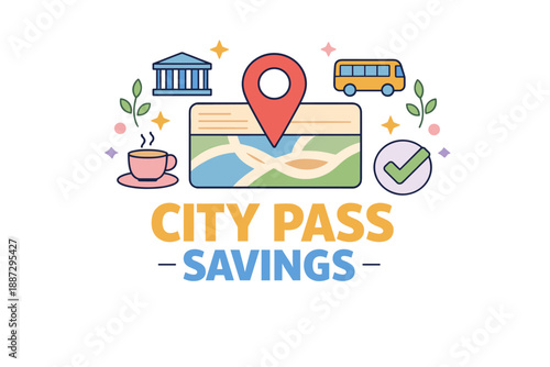 City pass map icons featuring attractions, transportation, and savings