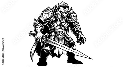Mythical warrior with sword and shield in battle-ready stance, black and white illustration