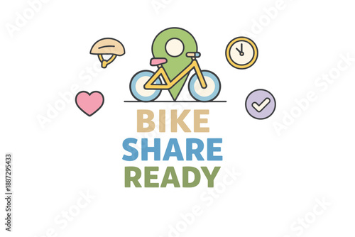 Bike share ready icon with bicycle, helmet, and location marker