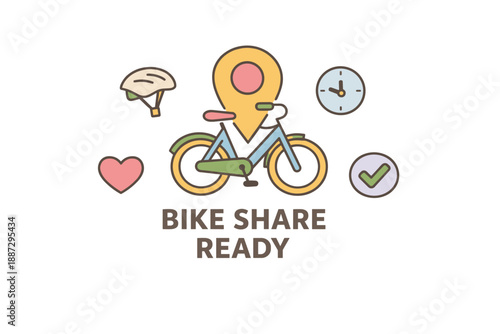 Colorful bike share symbol with helmet, clock, heart, and check icons