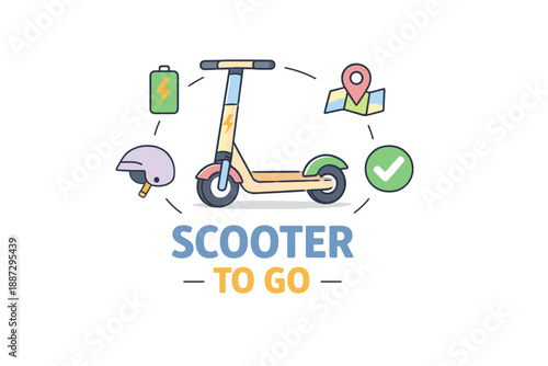 Electric scooter with battery and helmet icons for easy transportation