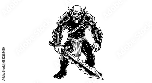 Black and white illustration of a mythical warrior with armor and sword in battle-ready stance