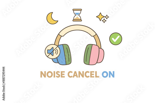 Stylized headphones with noise canceling icons for relaxation and focus