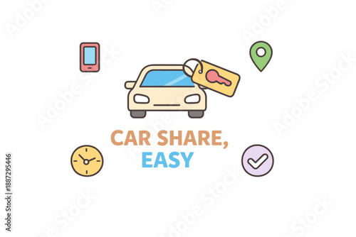 Car share service illustration with key, smartphone, map, clock, and checkmark icons