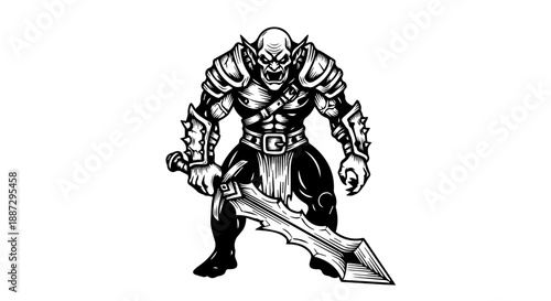 Black and white illustration of a heavily armored warrior with a double-bladed axe and curved sword