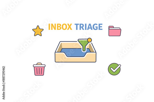 Inbox triage concept with icons: folder, trash, check mark, filter, star symbols