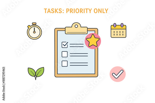 Task management list with stopwatch, calendar, checkmark, leaf, and star icons