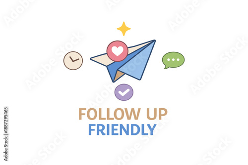 Follow up friendly icon with paper airplane and notification symbols