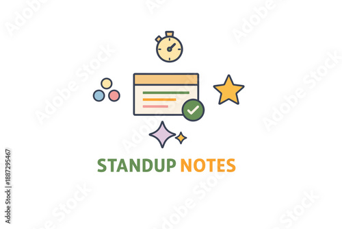 Standup notes icon with stopwatch and star graphic design elements