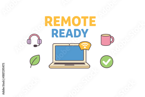 Remote work essentials: laptop, headset, wifi, and coffee mug illustration