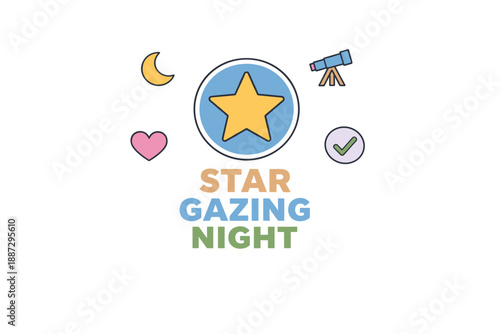 Colorful star gazing night design with telescope and symbols