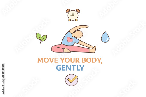 Illustration of relaxed exercise routine with person stretching and motivational icons