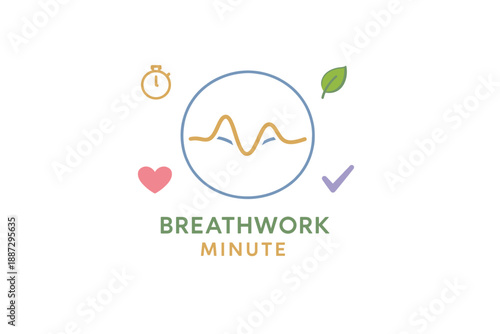 Breathwork minute logo with heart, leaf, stopwatch, and checkmark symbols