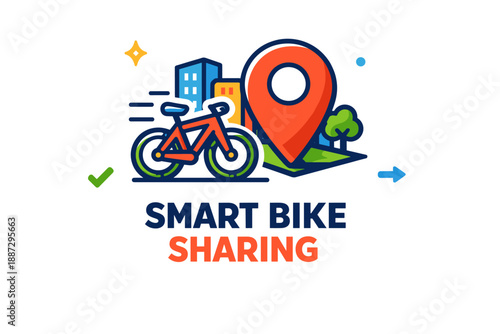 Smart bike sharing concept with gps map marker and cityscape illustration