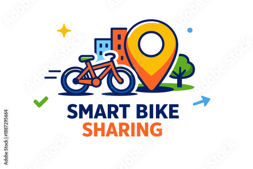 Smart bike sharing logo with bike, map pin, and city elements