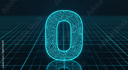 O Alphabet Monogram with Glowing Cyan Circuit Lines and 3D Digital Grid