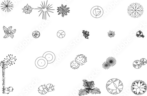 Vector collection of tree, shrub, and plant symbols in top view, ideal for architectural landscape design, garden planning, and site layout diagrams.