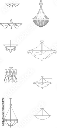 Minimalist vector line art collection of decorative chandeliers and luxury pendant light fixtures in front view, ideal for elegant interior design elevations.