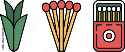 Colorful cartoon illustration of grass matches and matchbox on white background