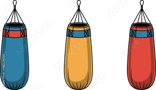Colorful hanging punching bags for boxing and fitness training exercises equipment  sports