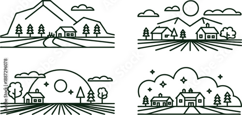 Four black line drawings of countryside scenes with houses trees and mountains in various weather conditions