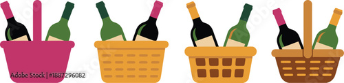 Four colorful baskets with bottles of wine on white background for drinks and food concepts