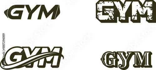 Four different gym logos with brown and white colors and various designs on transparent background
