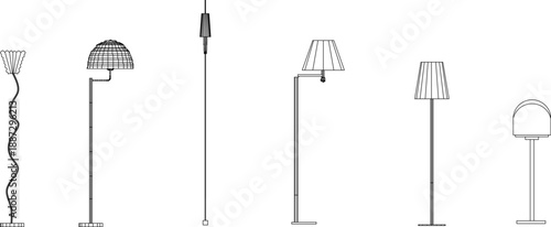 Minimalist vector line art collection of various modern floor lamps and standing light fixtures in front view, ideal for interior design and architectural elevations.