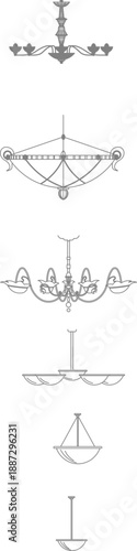 Minimalist vector line art collection of elegant chandeliers and hanging light fixtures in front view, perfect for interior design elevations.