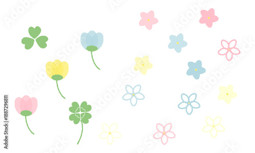 カラフルな手描きの花とクローバーの素材セット