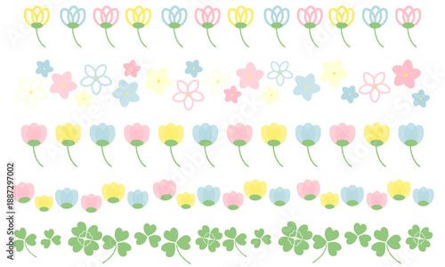 カラフルな手描き風の春の花のラインセット