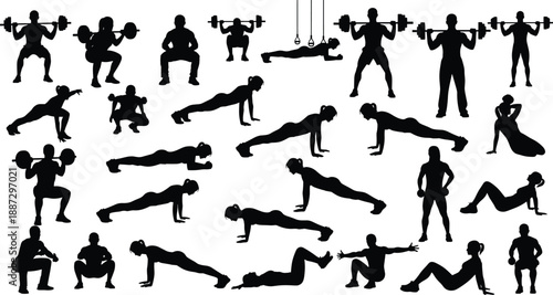 Silhouette fitness workout sequence showing weightlifting, squats, lunges, push-ups, planks, sit-ups, gymnastic rings, calisthenics, and strength training exercises