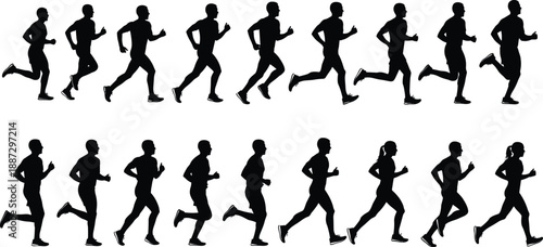 Silhouette running sequence showing athletes in motion cycle, fitness training, endurance exercise, biomechanics study, sport illustration, and competitive sports techniques